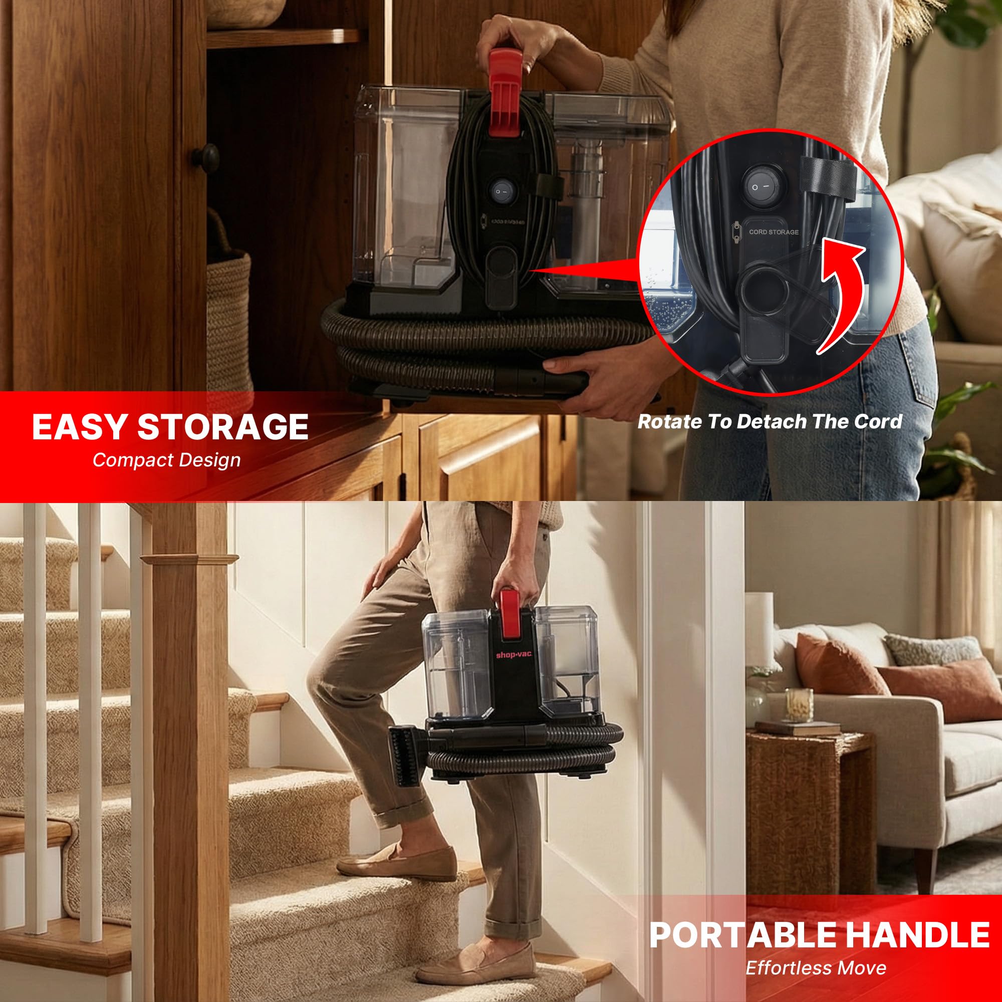 Shop-Vac steam attachments in action tackling stubborn fabric messes.
