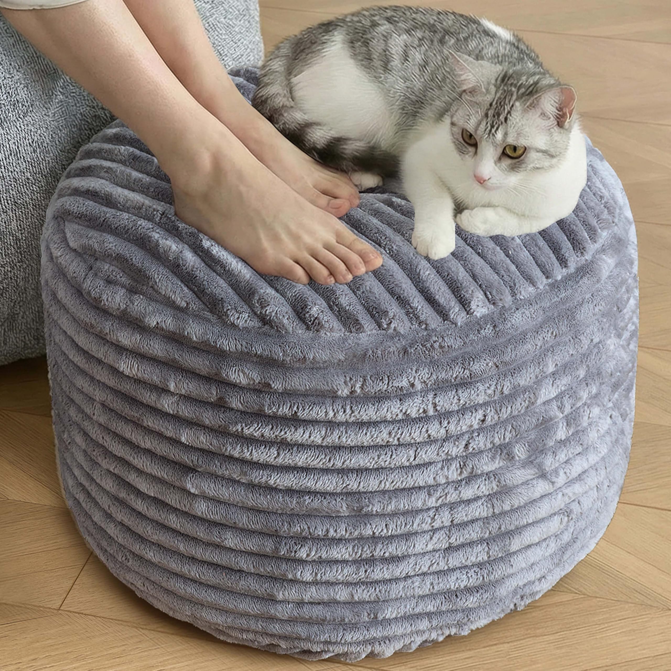 SHOUREN stuffed round pouf ottoman in dark grey, plush seating for living room