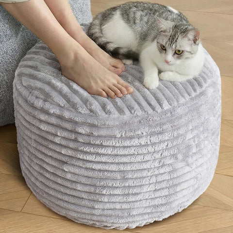 SHOUREN stuffed round pouf ottoman showing tufted corduroy for cozy seating