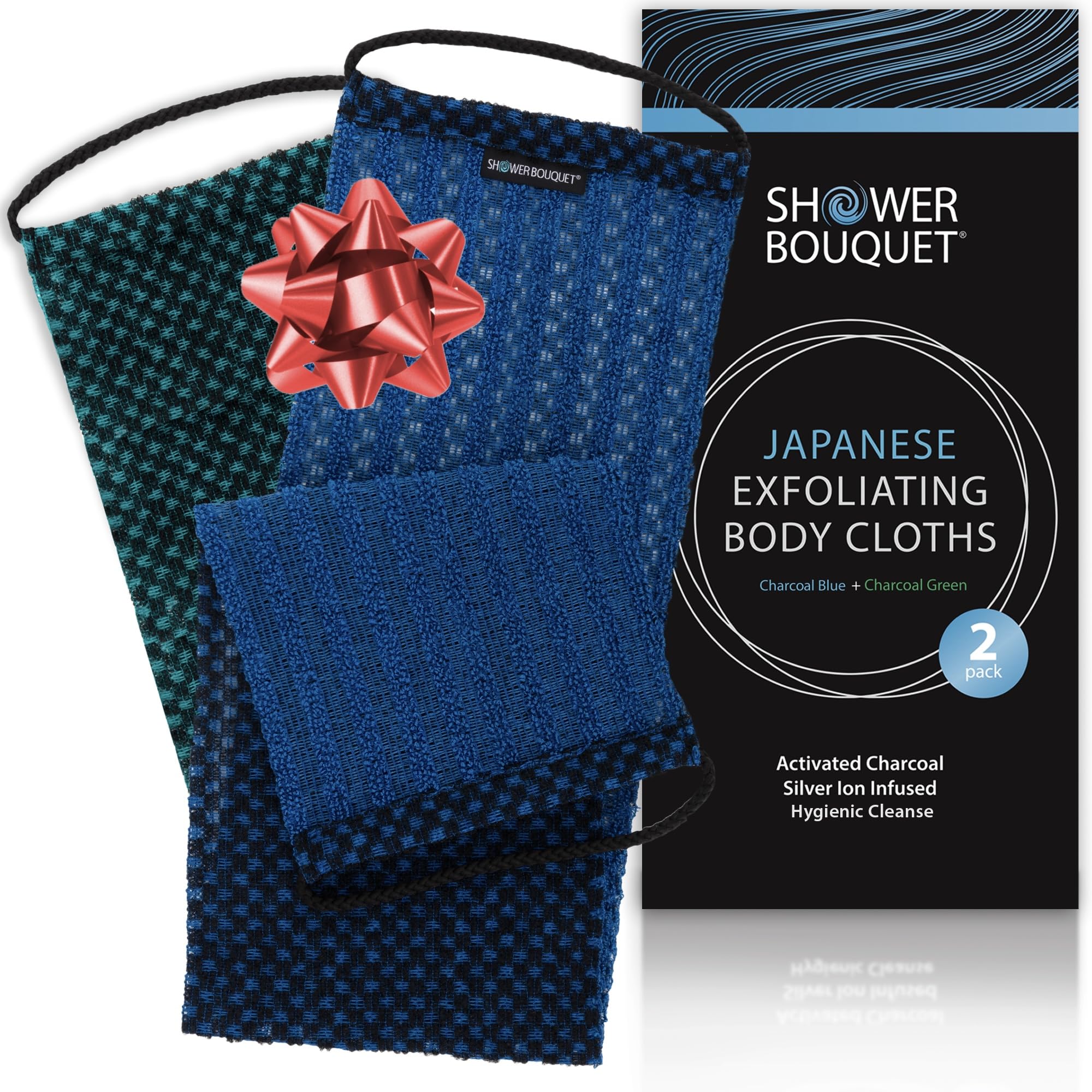 Shower Bouquet charcoal-silver exfoliating washcloth back side offers deep cleanse
