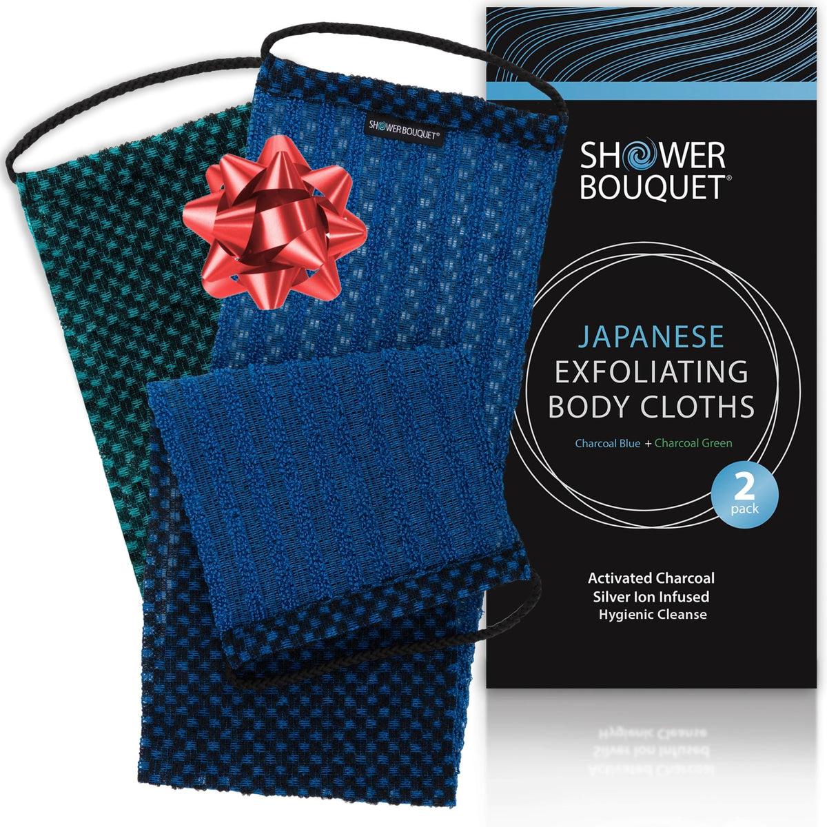 Shower Bouquet charcoal-silver exfoliating washcloth back side offers deep cleanse