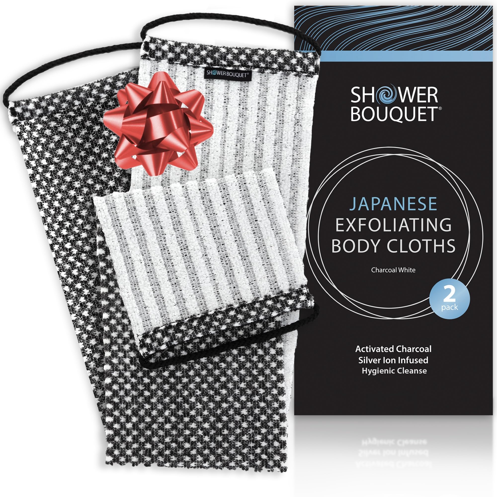 Shower Bouquet charcoal and silver-ion exfoliating washcloth designed for back exfoliation.