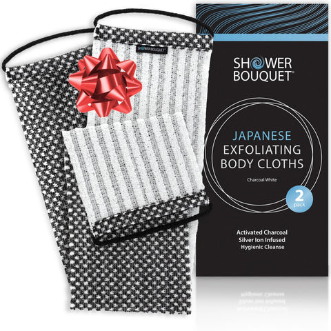 Shower Bouquet charcoal and silver-ion exfoliating washcloth designed for back exfoliation.