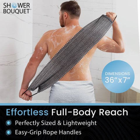 Shower Bouquet plush side provides gentle cleansing for sensitive areas.