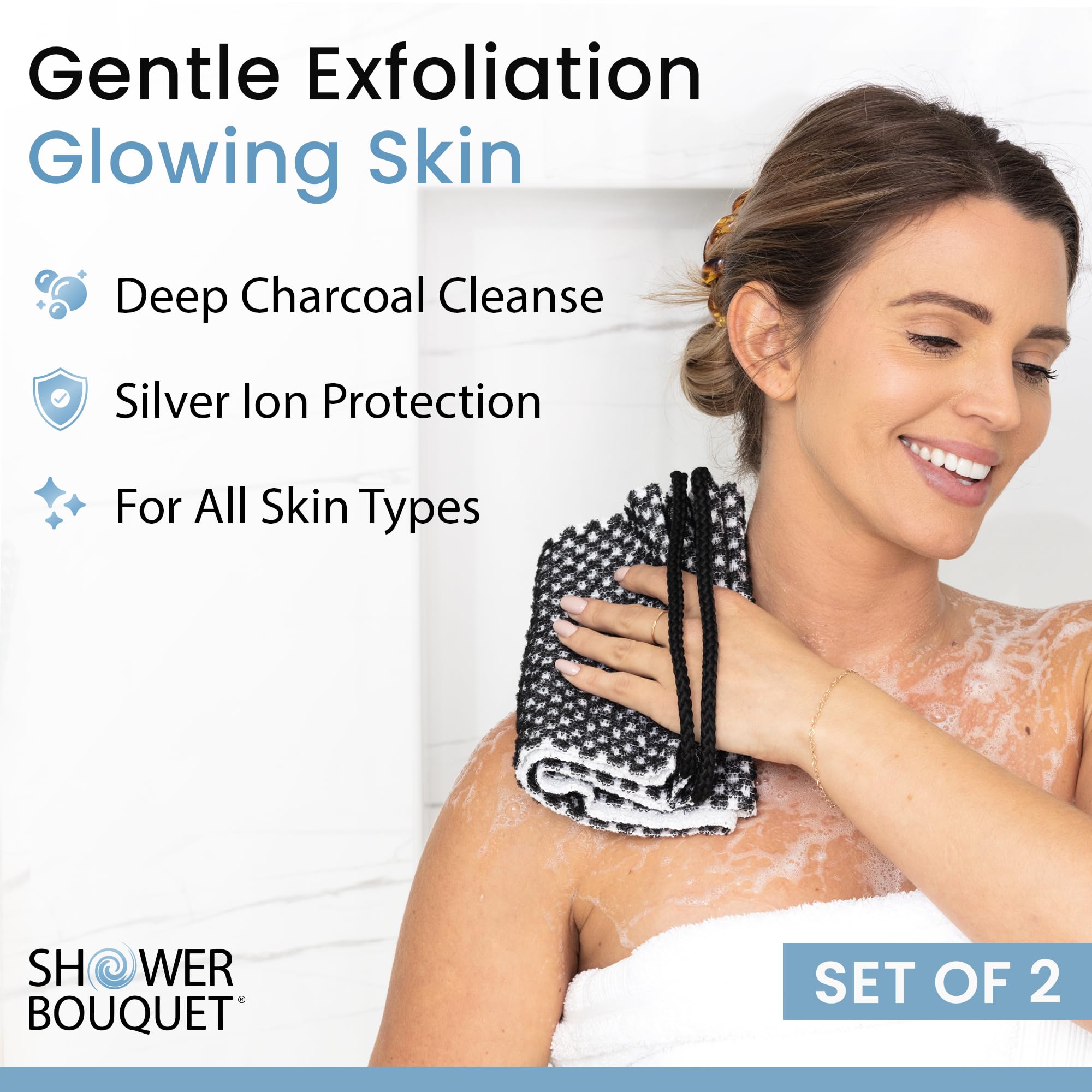 Shower Bouquet two-sided washcloth with textured and plush surfaces for versatile cleansing.