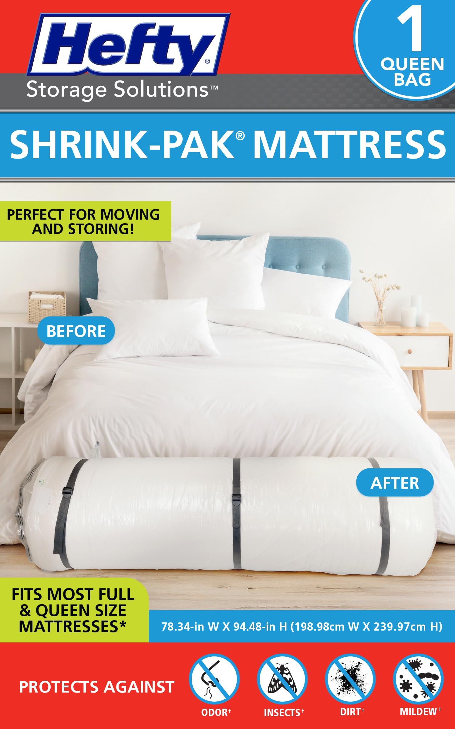 Shrink-Pak full-queen mattress bag showing compression for moving