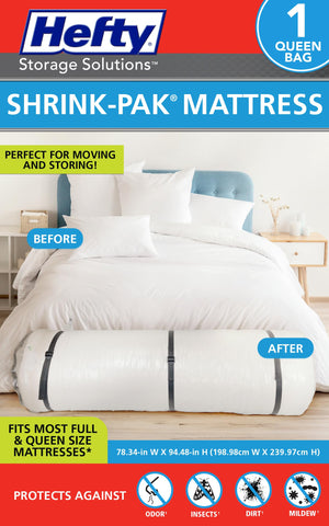 Shrink-Pak full-queen mattress bag showing compression for moving