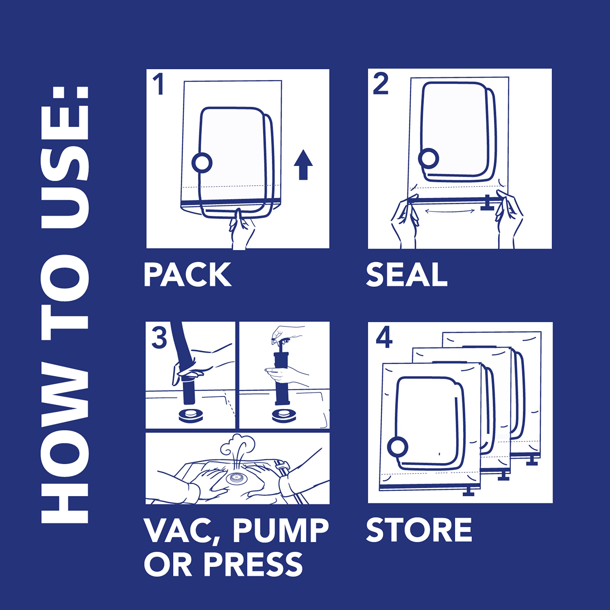 Shrink-Pak hand pump enables quick, airtight sealing for space-saving storage.