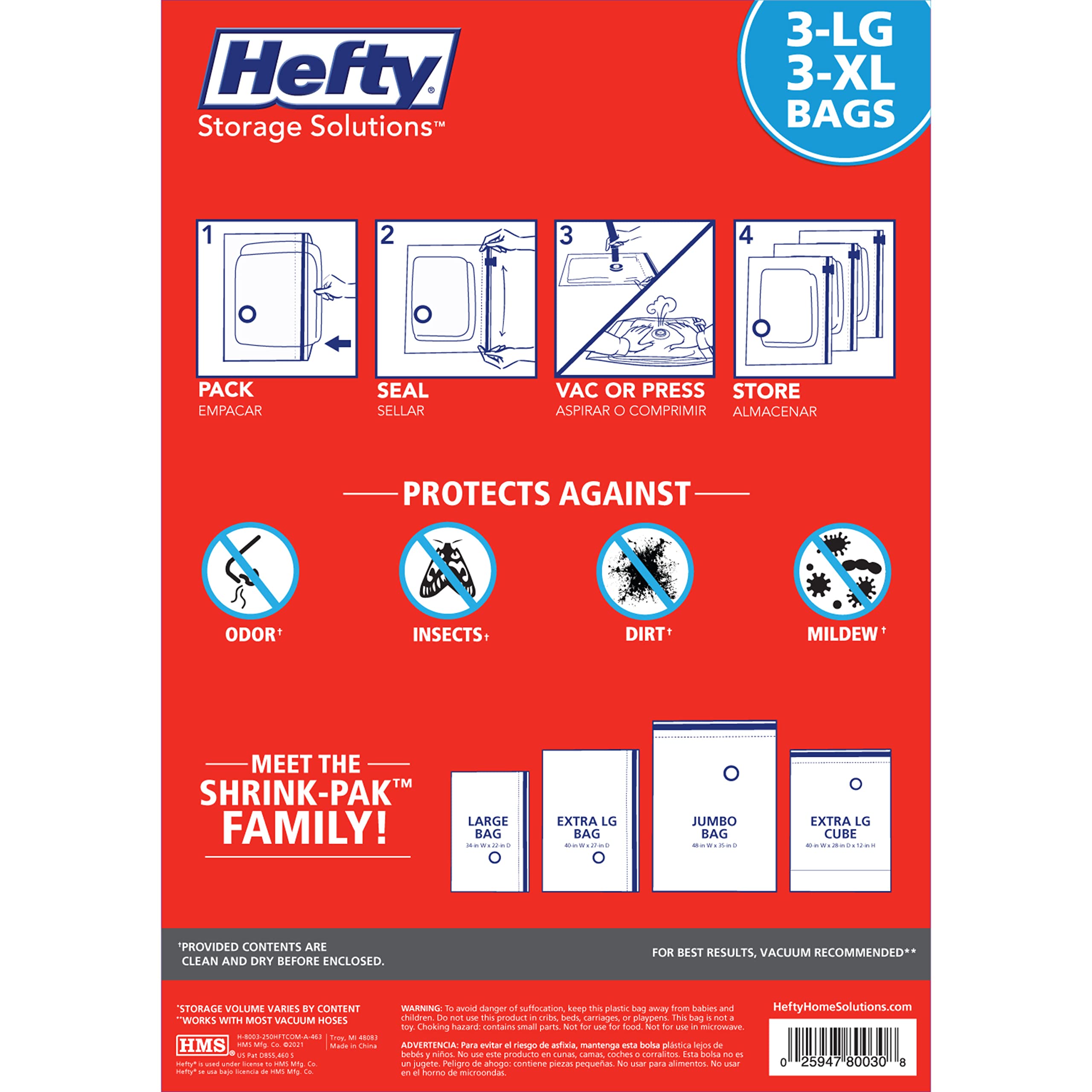 Shrink-Pak Hefty vacuum bags store pillows and comforters neatly