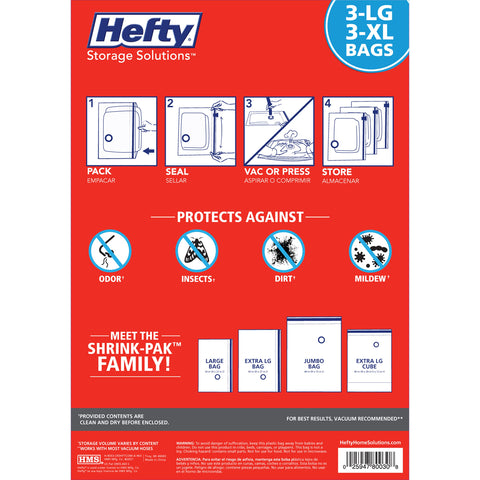 Shrink-Pak Hefty vacuum bags store pillows and comforters neatly