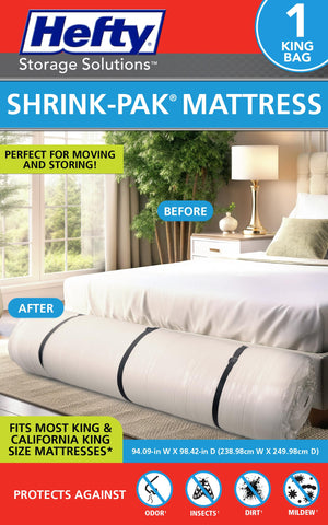 Shrink-Pak king/cal king mattress bag ready for moving, protects large mattresses during transport.