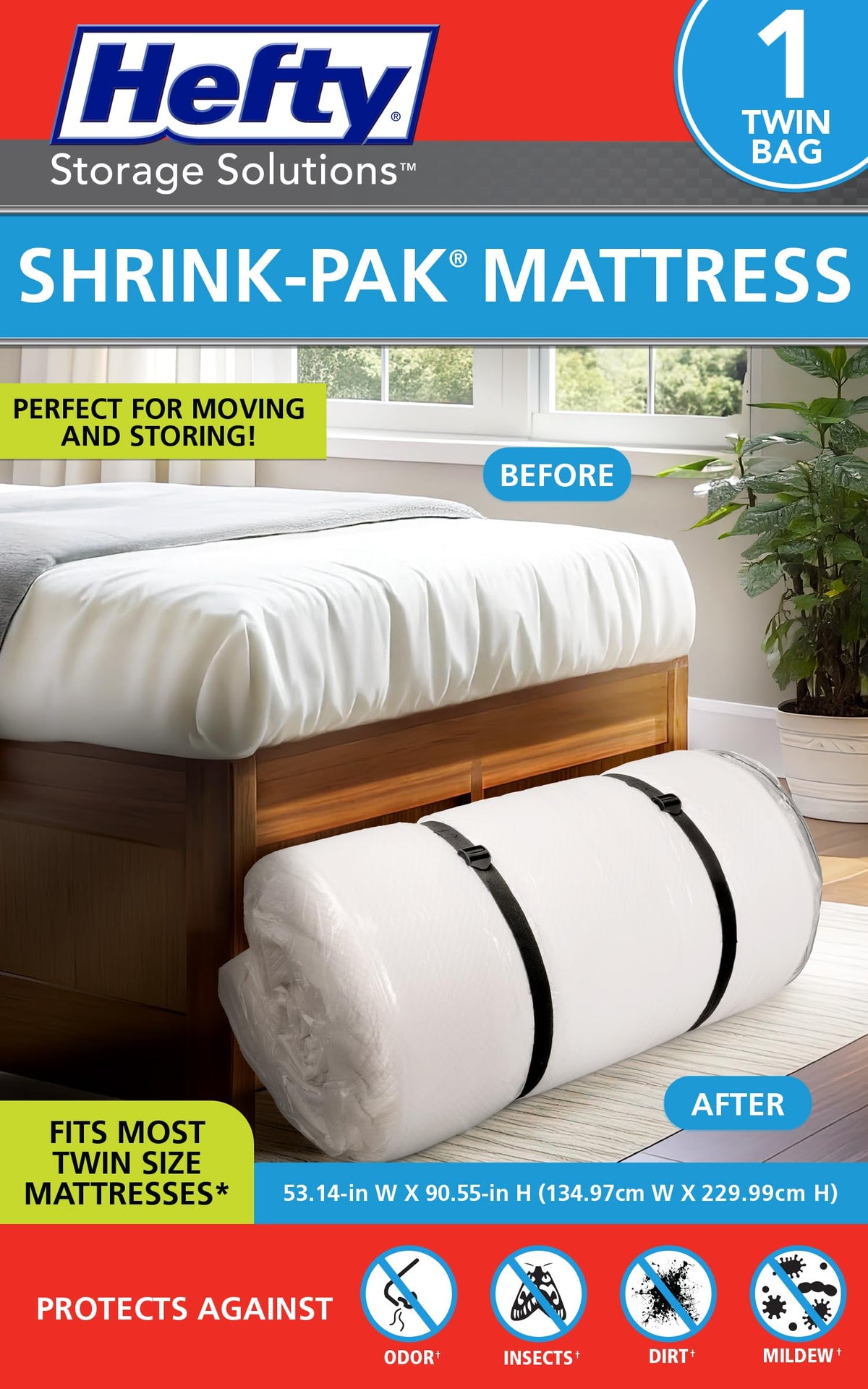 Shrink-Pak twin mattress bag for moving protects your mattress during relocation.