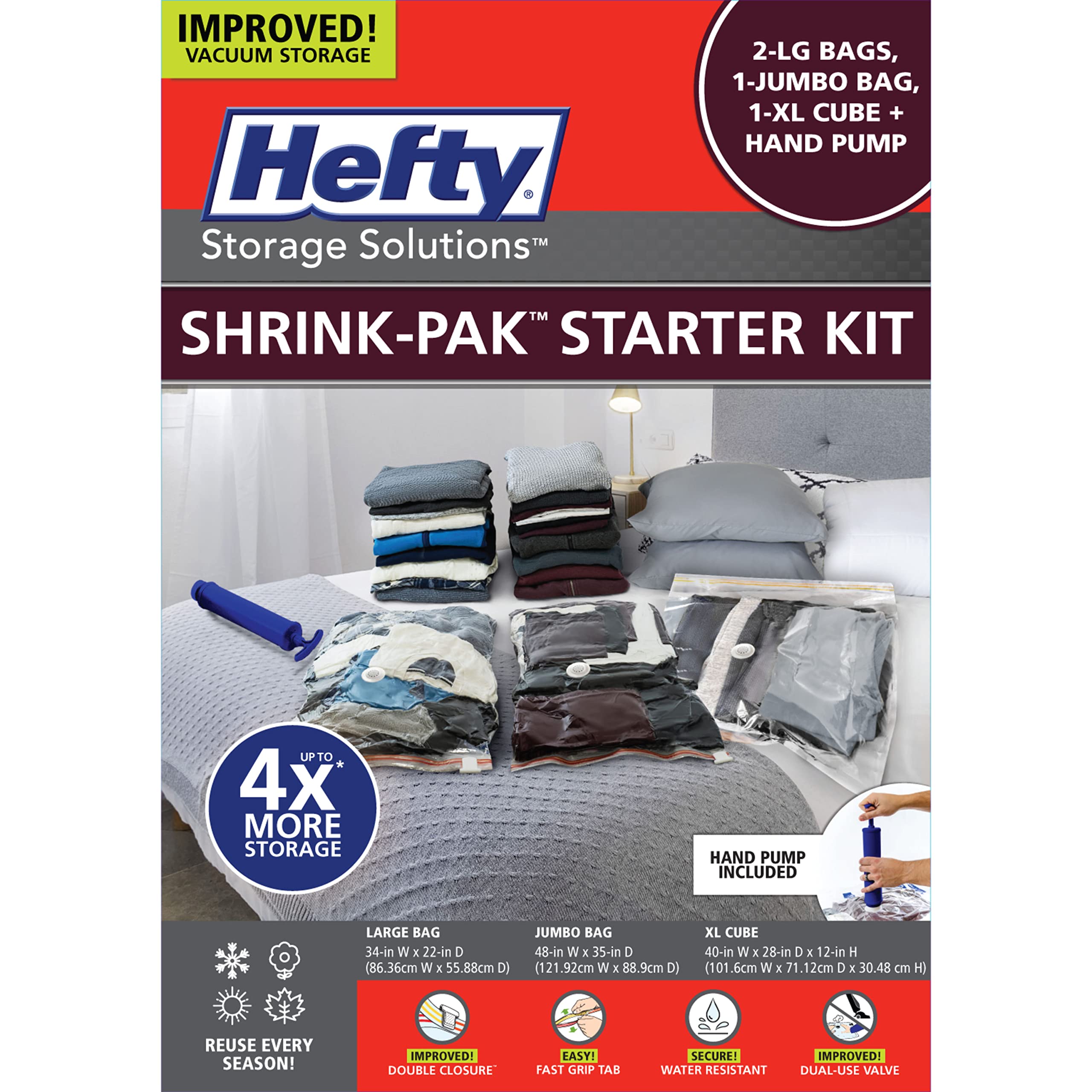 Shrink-Pak two large vacuum bags for compact seasonal clothing storage.