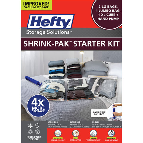 Shrink-Pak two large vacuum bags for compact seasonal clothing storage.
