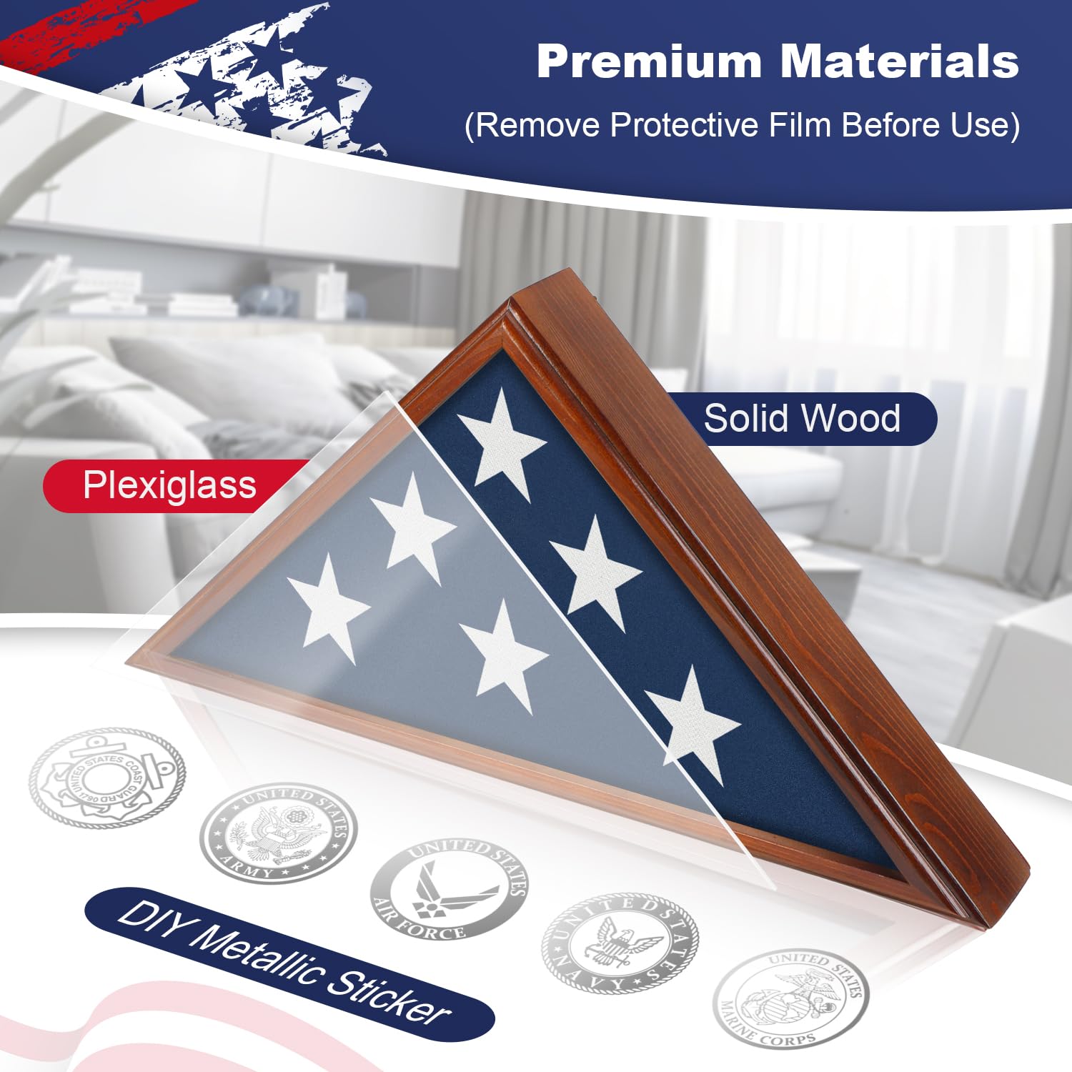 SHTALHST flag display case back view with hardware and easy-access opening for changes.