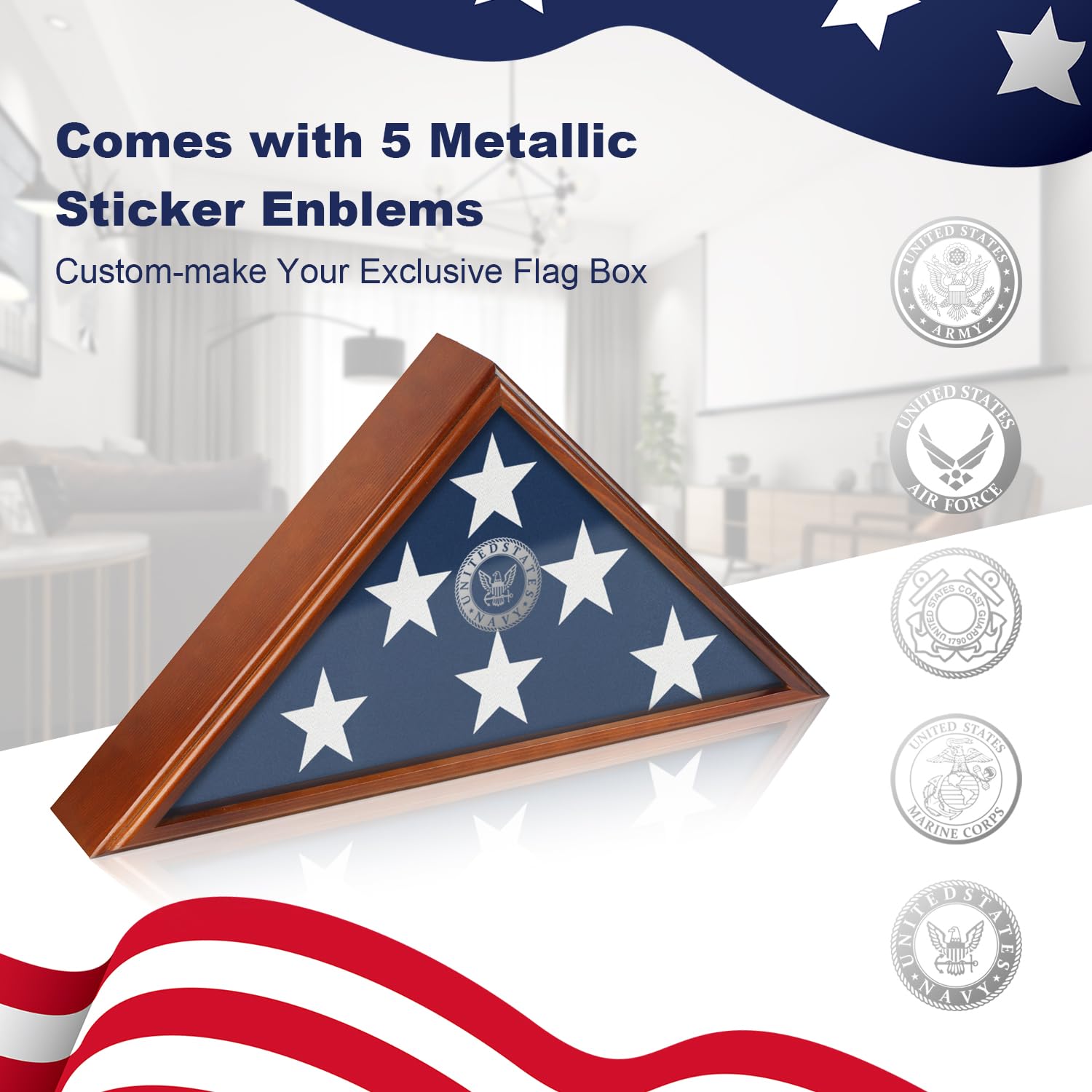 SHTALHST flag display case side view shows slim profile for wall or tabletop display.