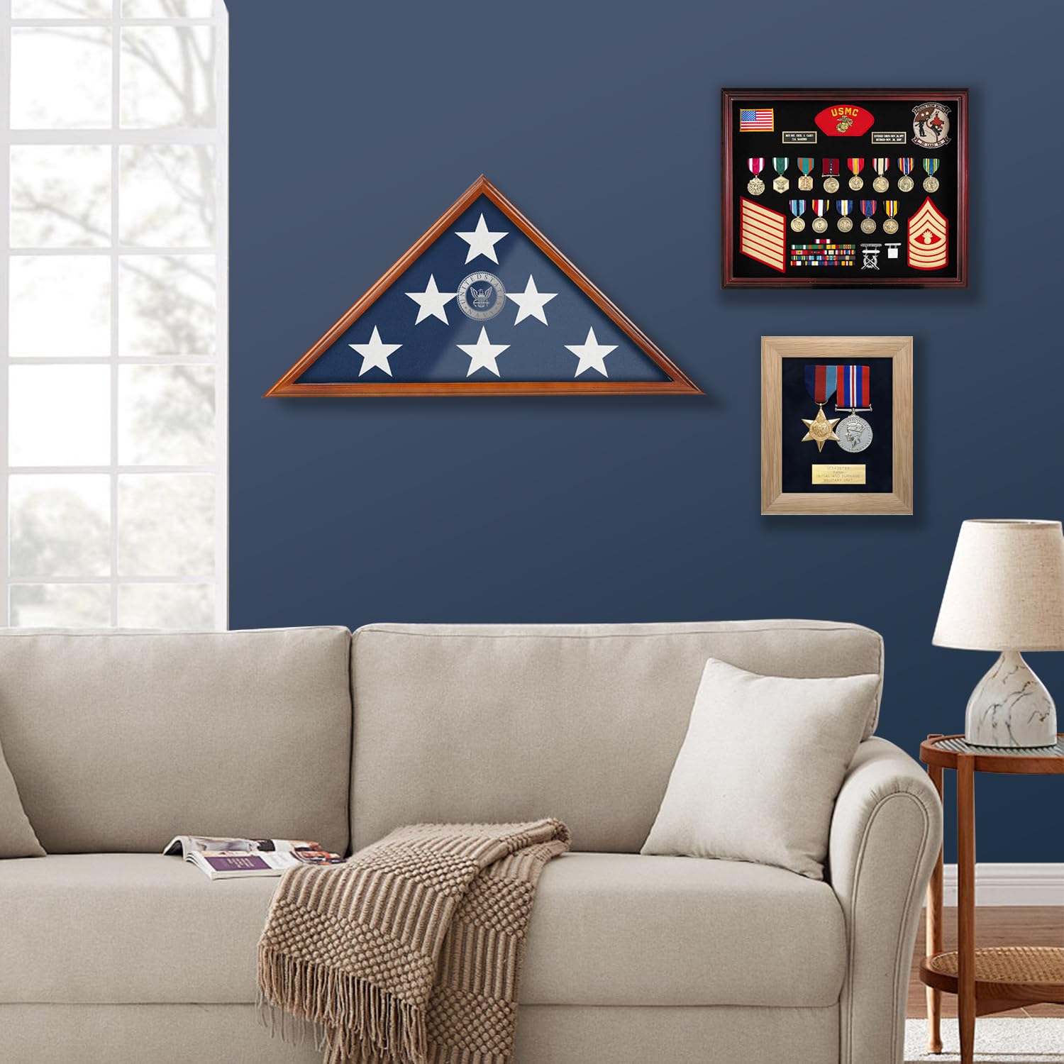 SHTALHST flag display case wood grain closeup highlights quality finish.