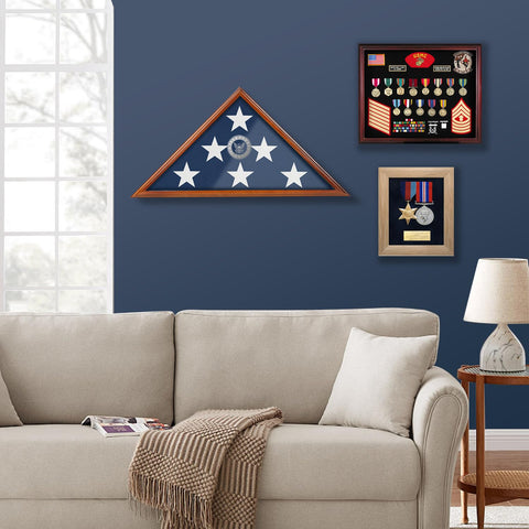 SHTALHST flag display case wood grain closeup highlights quality finish.