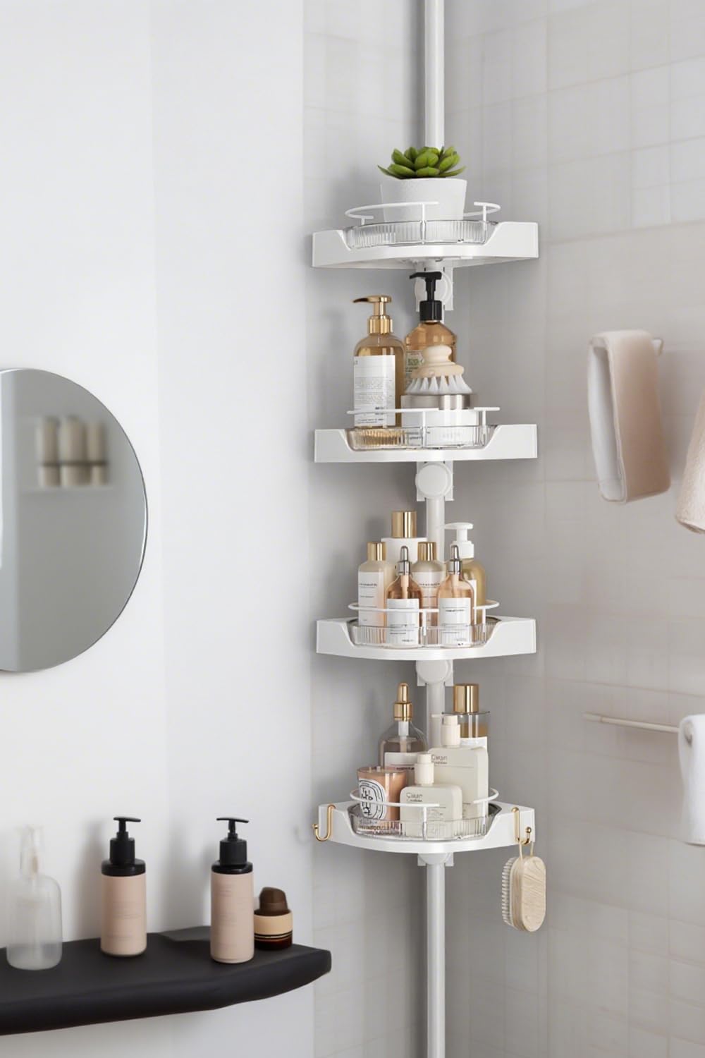 Shuang Qing 360° rotating corner shower caddy with four-tier shelves for easy access.