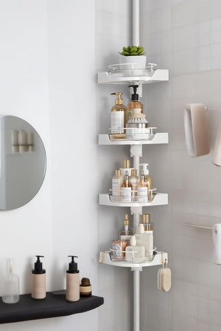 Shuang Qing 360° rotating corner shower caddy with four-tier shelves for easy access.