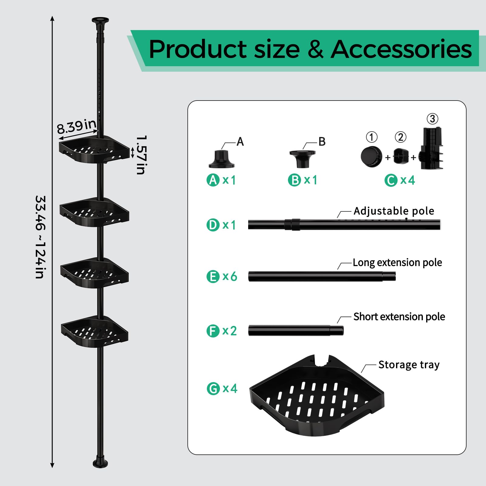 Shuang Qing adjustable-height tension pole for customizable reach and easy bathroom organization.