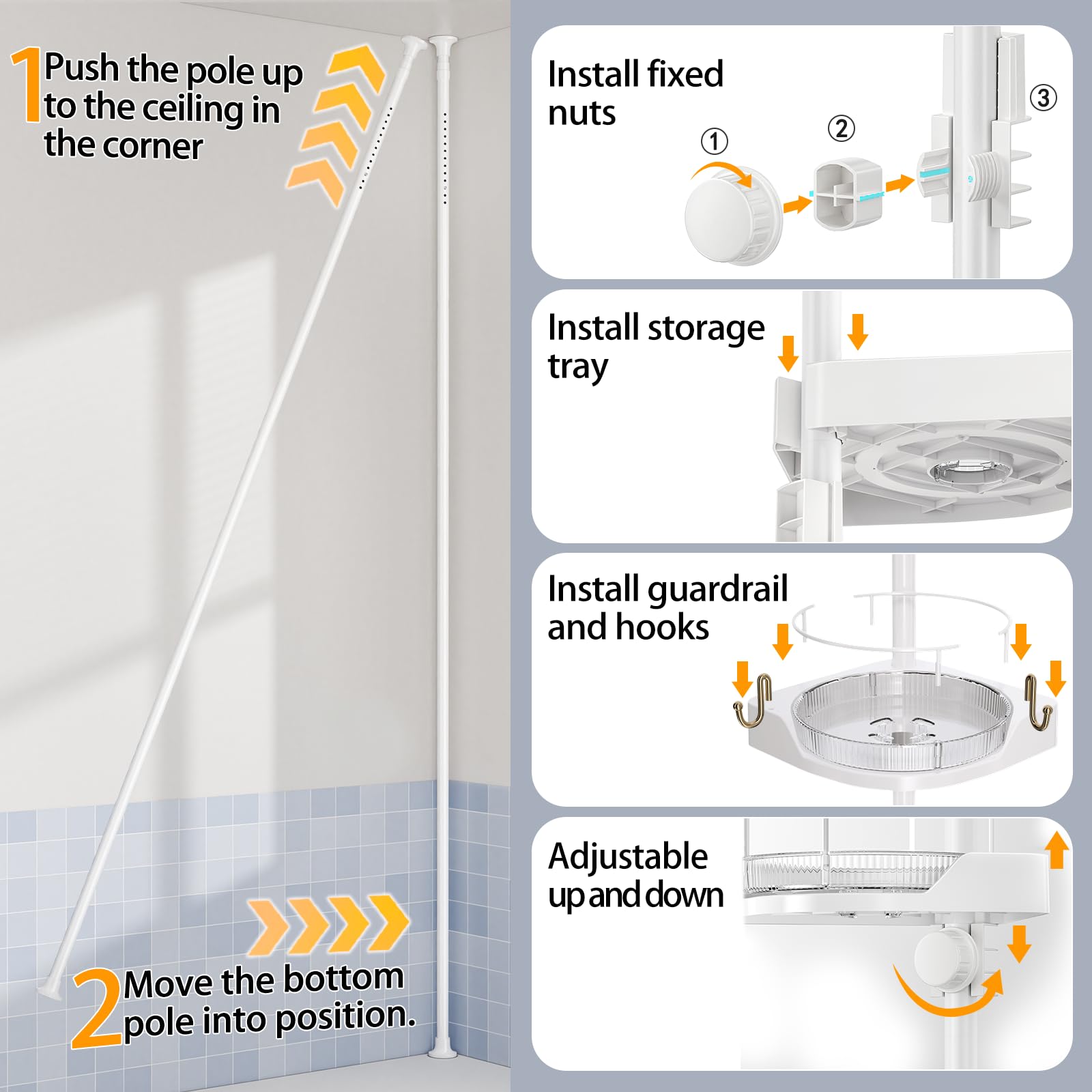 Shuang Qing bathroom storage for shower and tub in white.