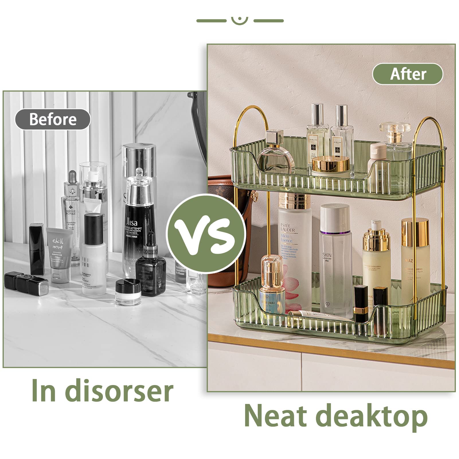 Shuang Qing 3-tier green organizer maximizes large bottle and perfume storage