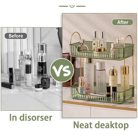 Shuang Qing 3-tier green organizer maximizes large bottle and perfume storage
