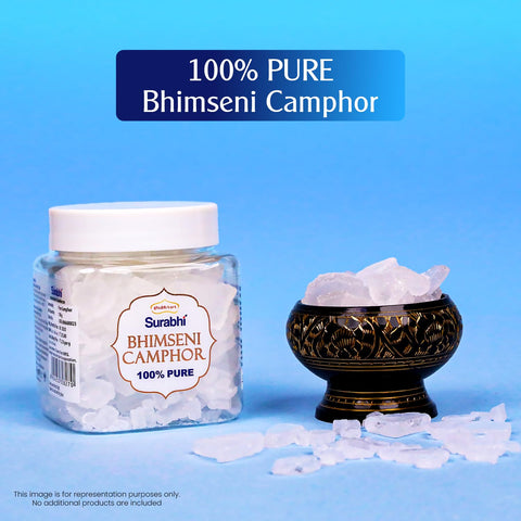 Shubhkart Bhimseni camphor on a shelf with natural light.