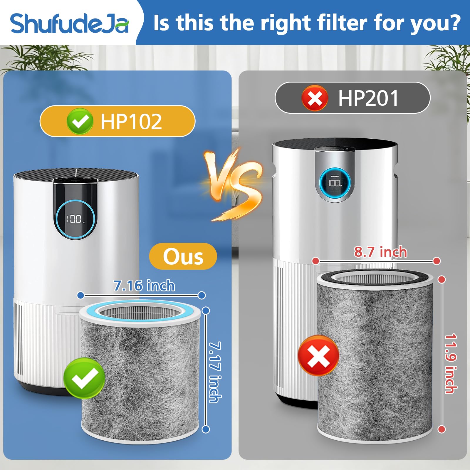ShufudeJa HP102 replacement filter close-up showing multi-filter design