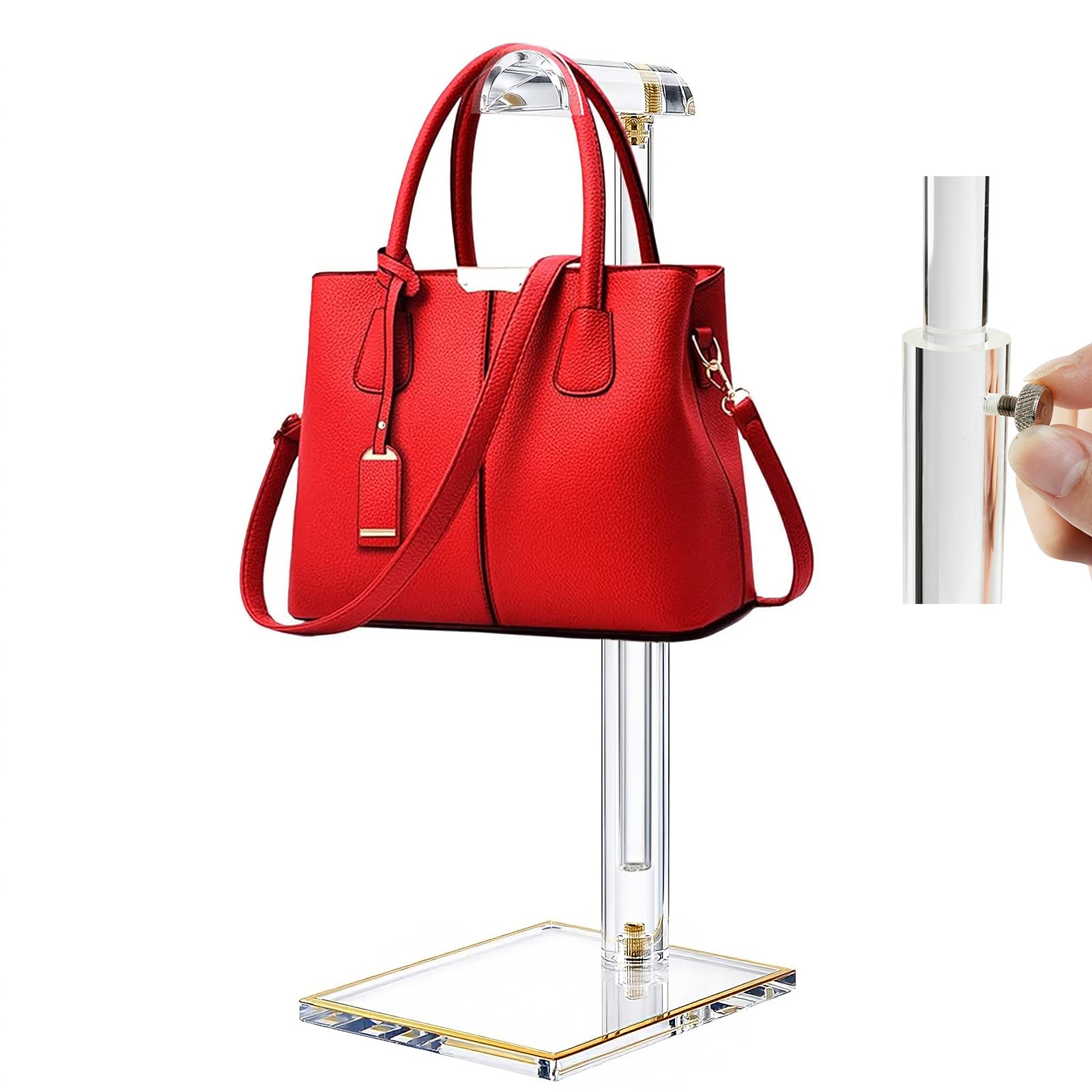 SHUNKAIZS acrylic purse stand shows adjustable height for versatile handbag displays.