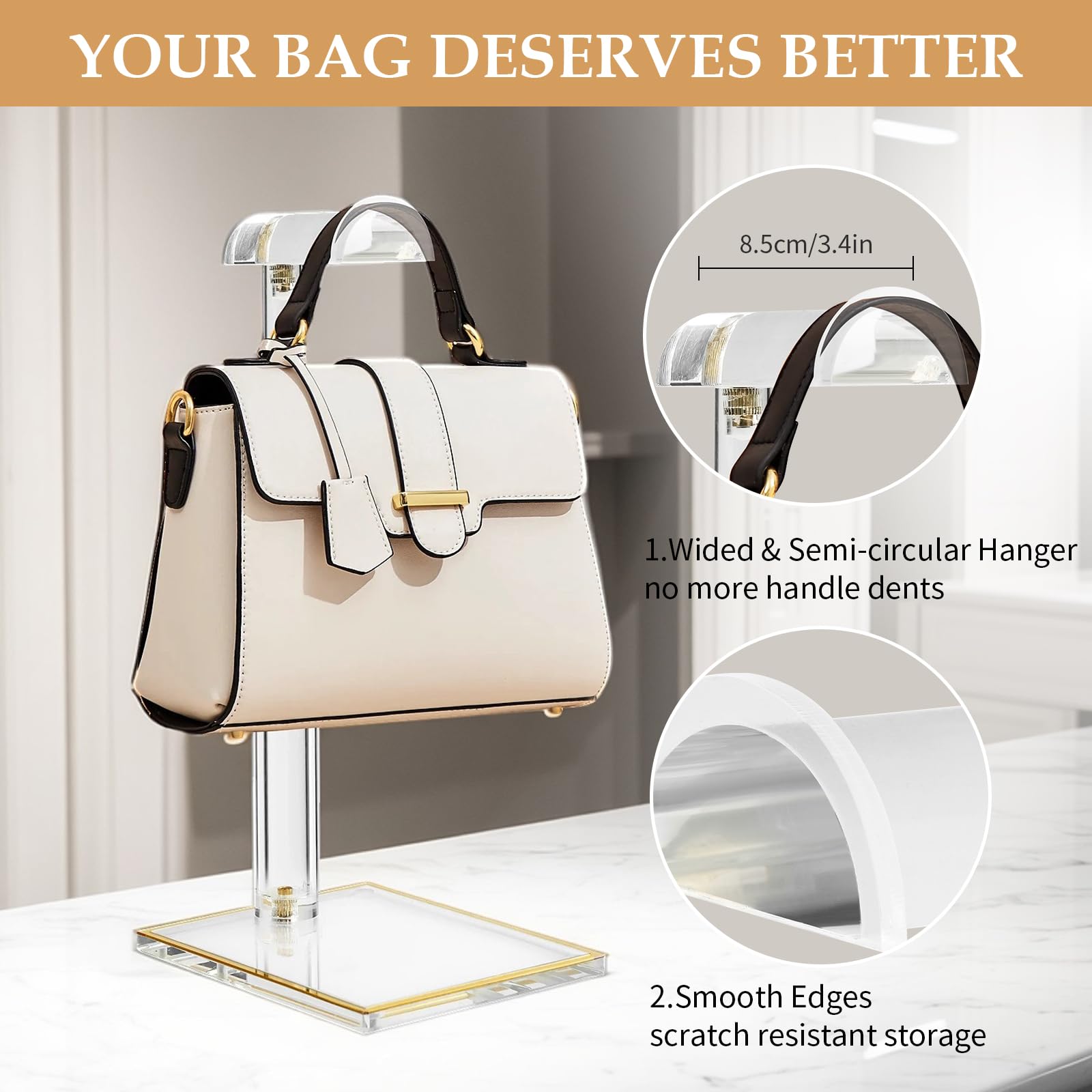 SHUNKAIZS acrylic-base stand provides sturdy, elegant bag support.