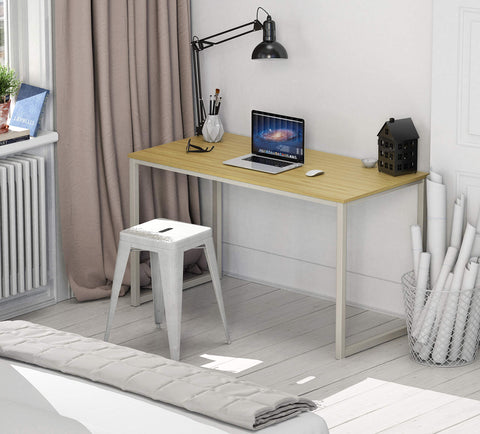 SHW Mission 40-Inch Oak desk with monitor and laptop setup