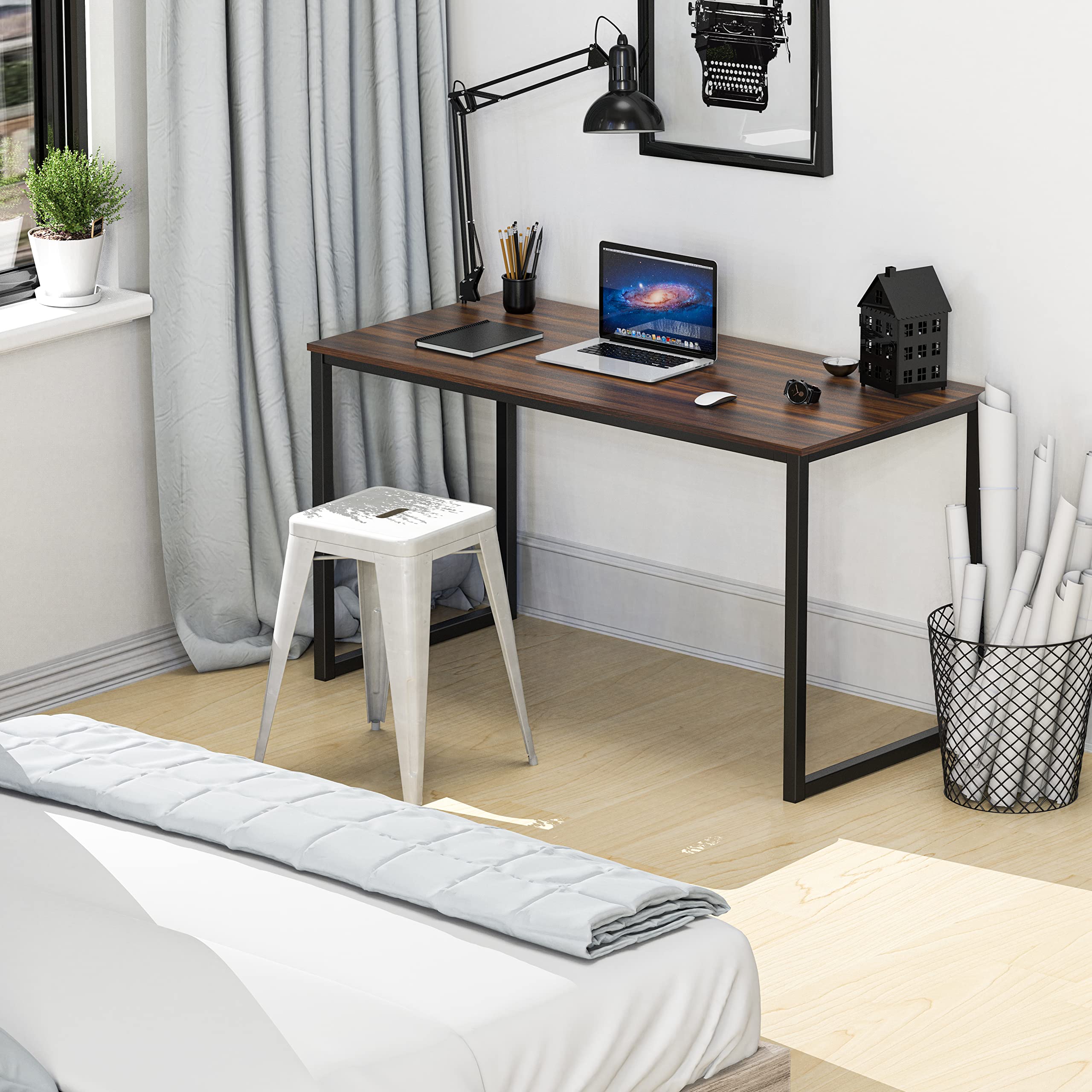 SHW Mission 40-Inch walnut desk monitor space for multi-device setup.