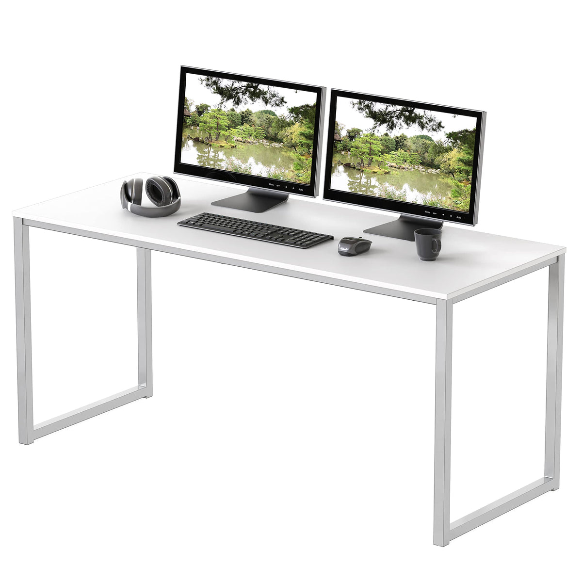 SHW Mission 48-Inch Desk in white front view with spacious surface for monitors and documents.
