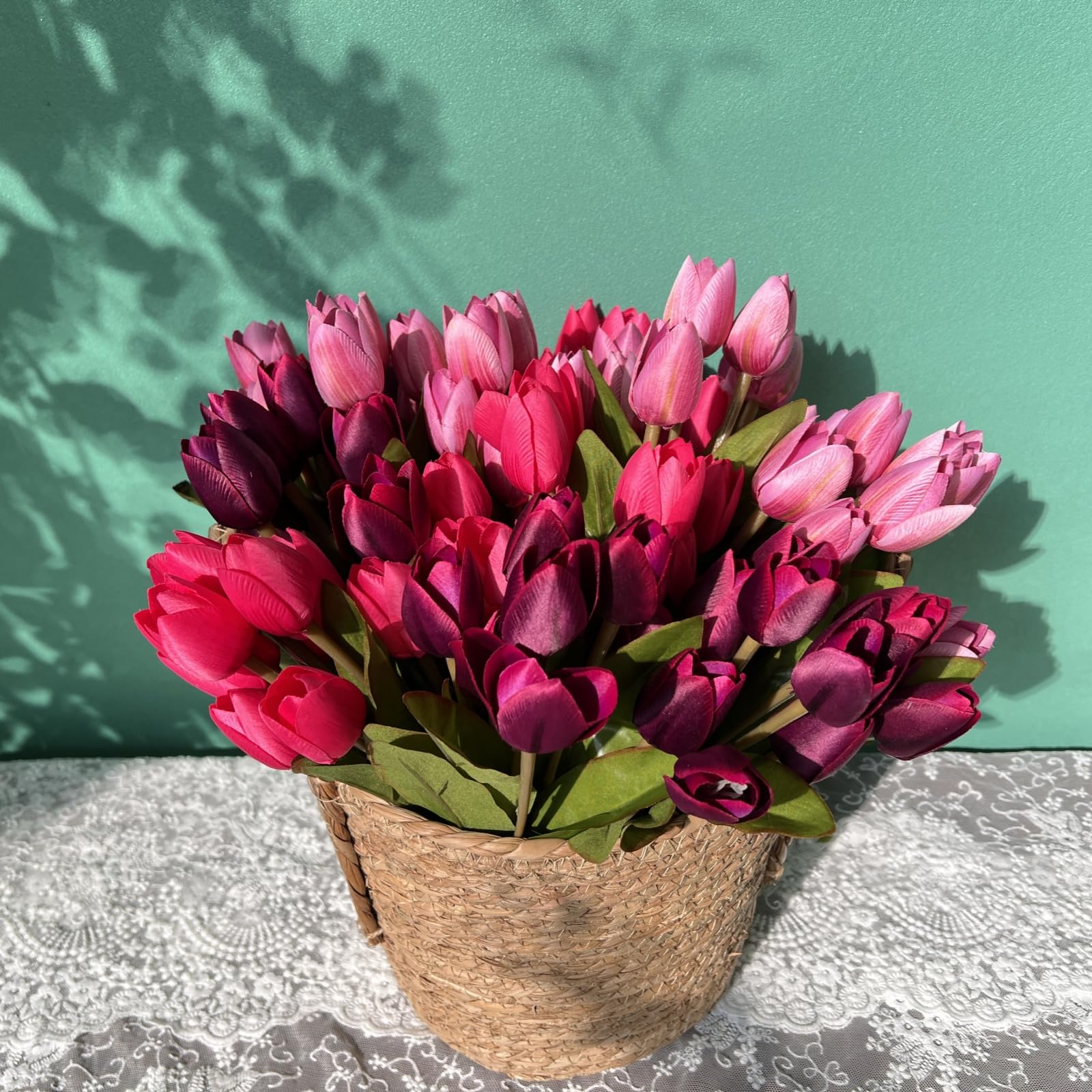 Shyshining tulips lifelike heads, textured petals resemble fresh blooms.