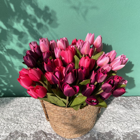 Shyshining tulips lifelike heads, textured petals resemble fresh blooms.