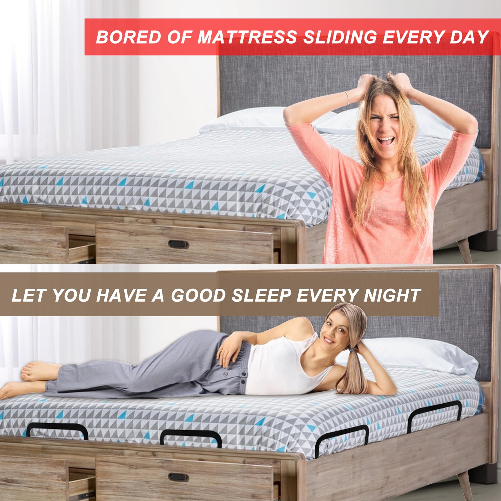 Sibosen stopper bar mounted on a wood bed frame for stability.
