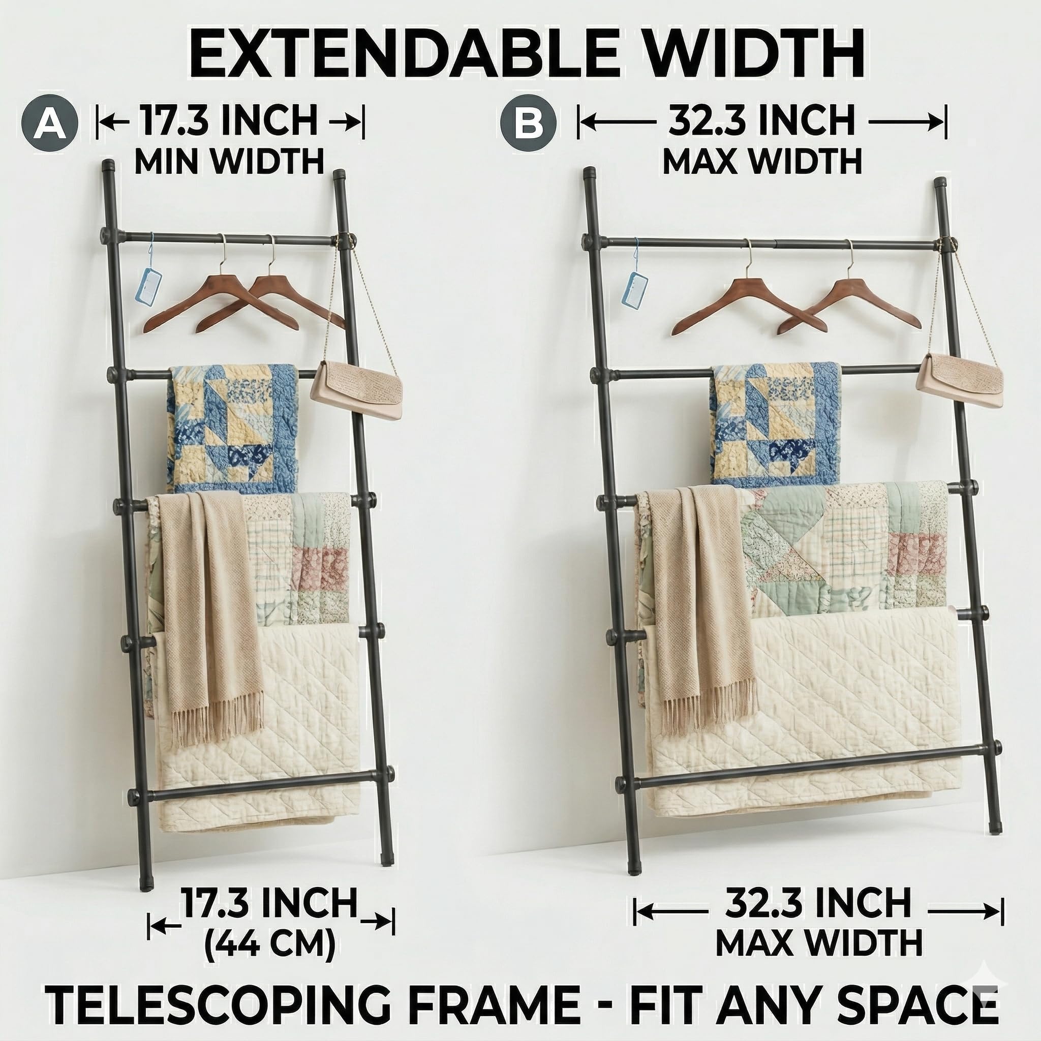 SIBRAD blanket ladder black 5-rung design keeps quilts neatly displayed.