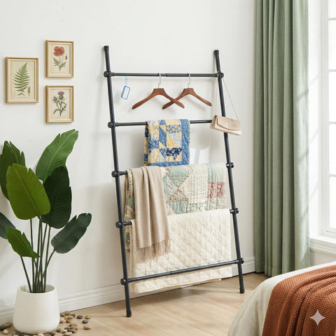 SIBRAD blanket ladder black extendable width offers versatile storage for throws and quilts.