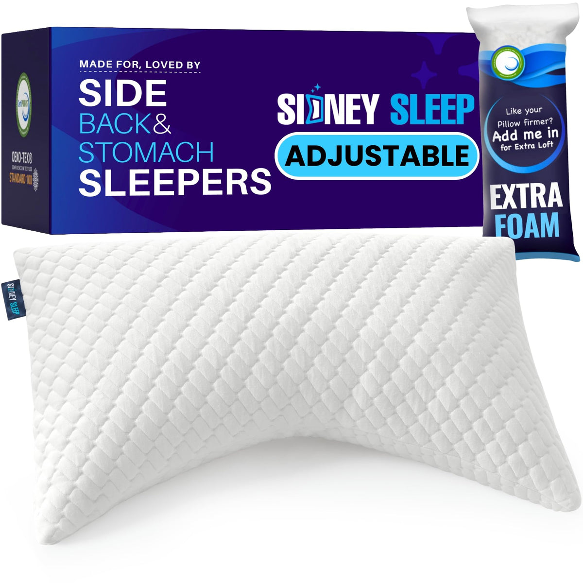Sidney Sleep adjustable curved contour pillow demonstrating neck and shoulder support.