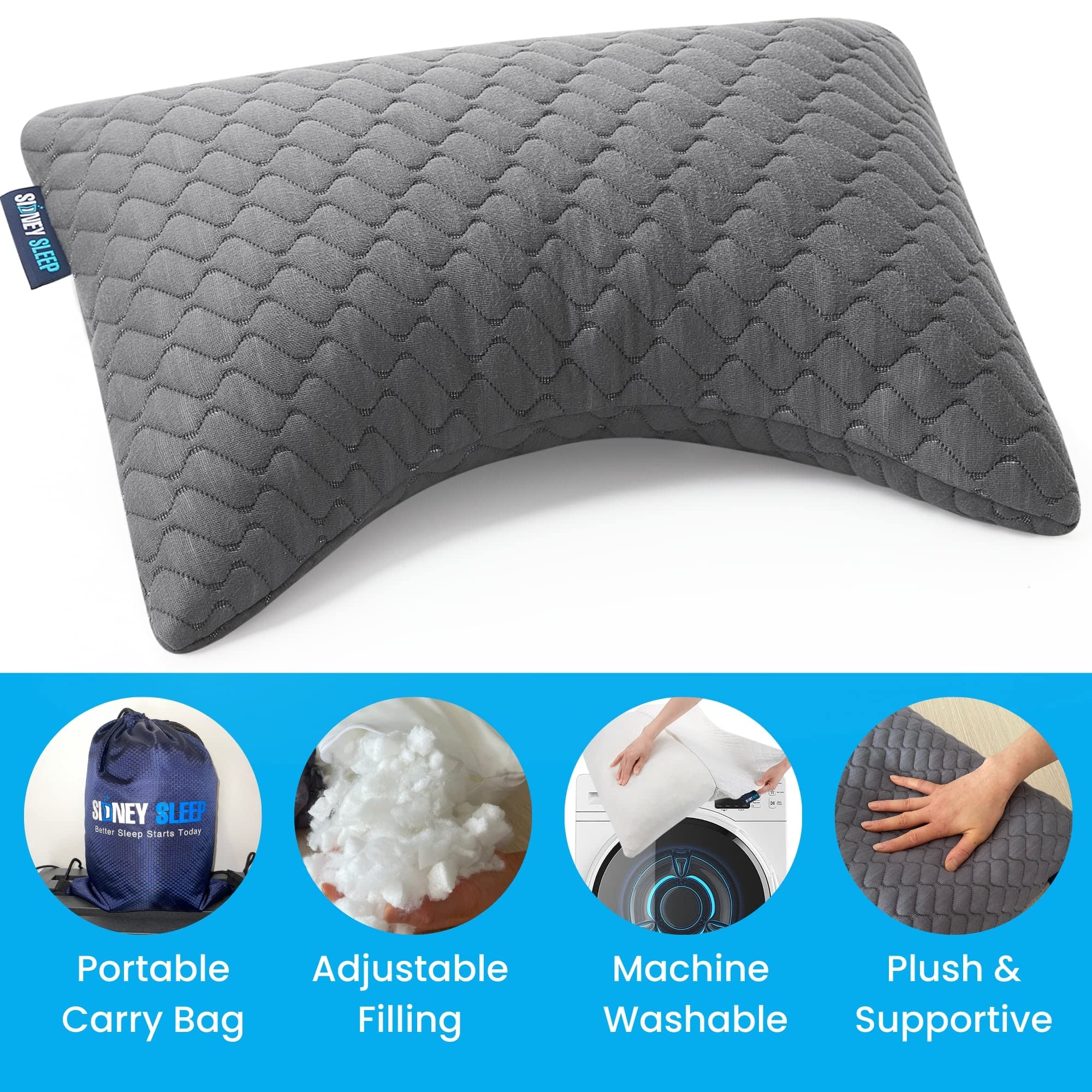 Loft adjustment on the Sidney Sleep mini travel neck pillow.