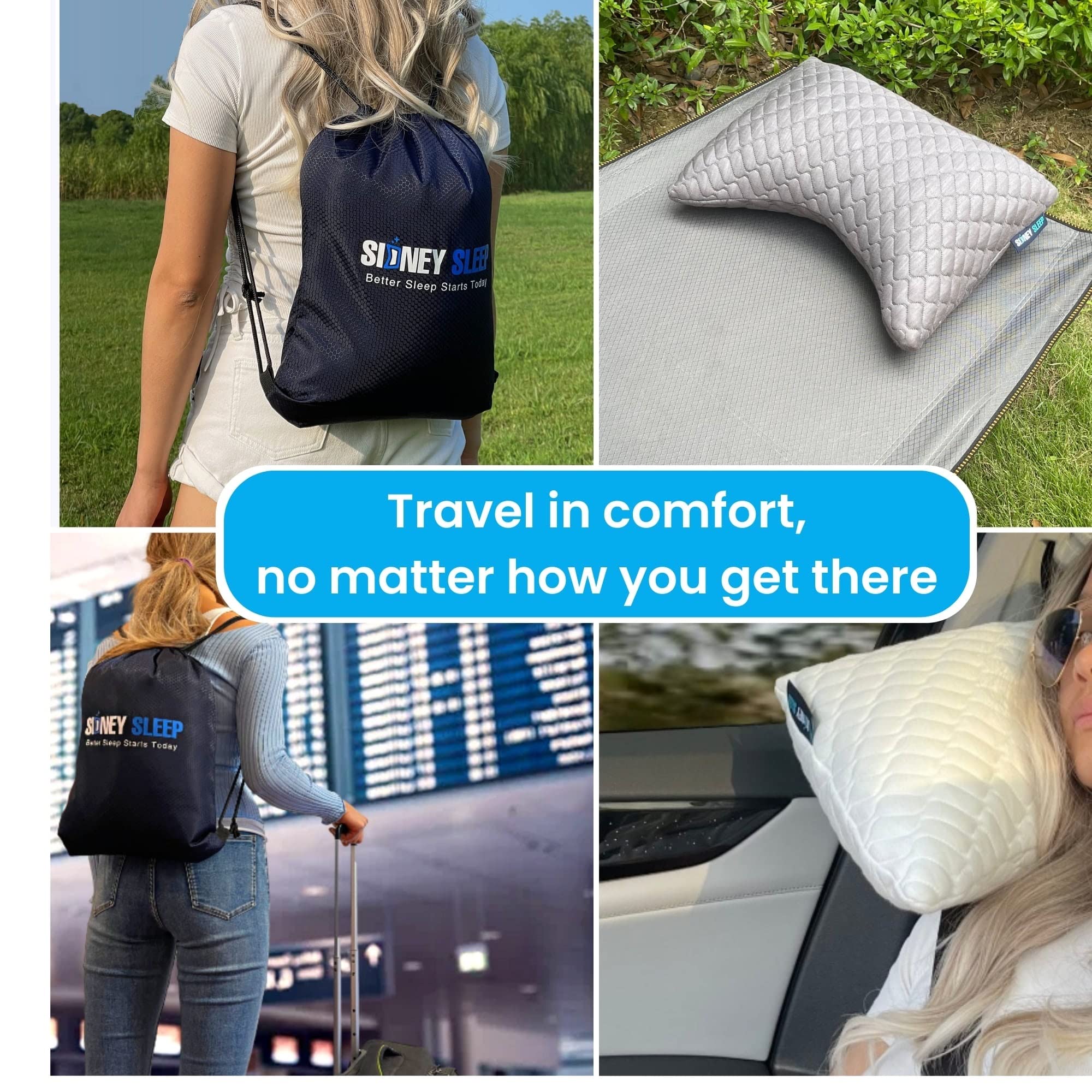 Sidney Sleep mini travel neck pillow side view showing ergonomic curved support.