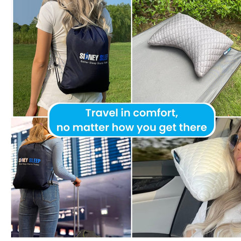 Sidney Sleep mini travel neck pillow side view showing ergonomic curved support.