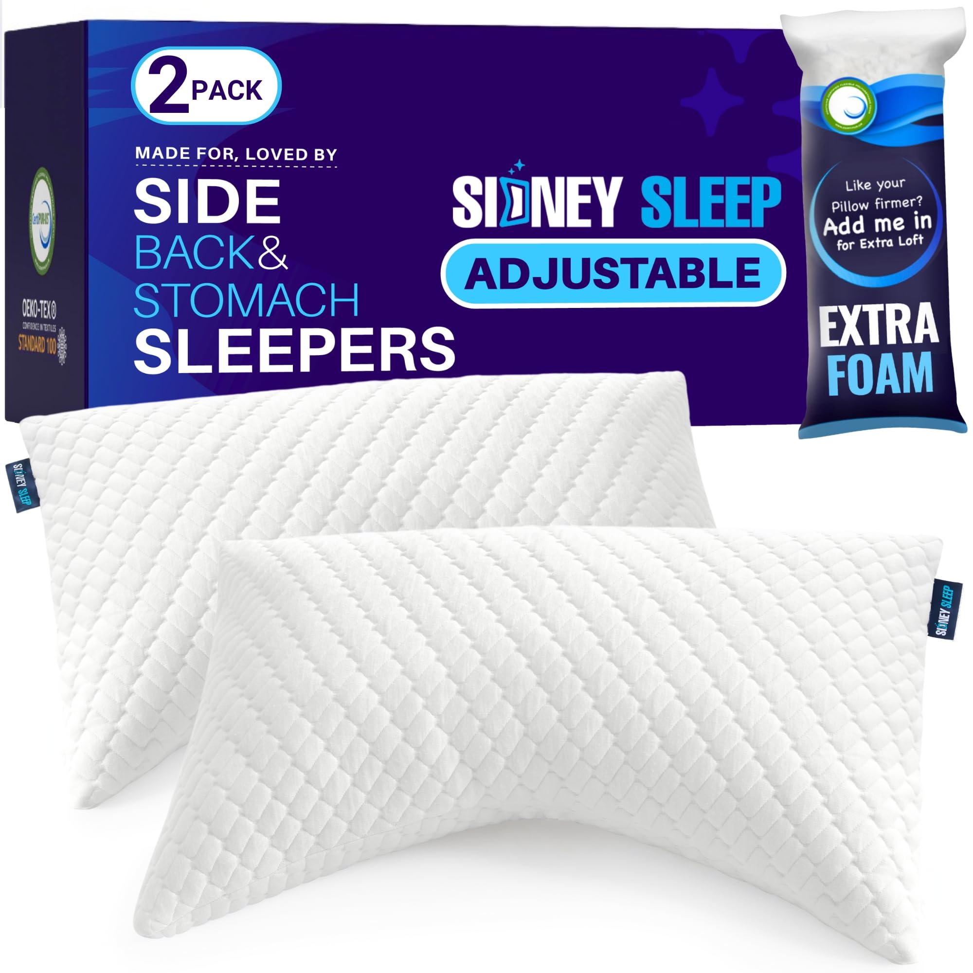 Sidney Sleep two-pack queen pillows for flexible comfort and support.