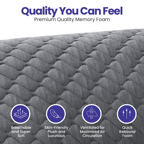 Sidney Sleep pillow sits on bed, displaying comfortable queen size dimensions.