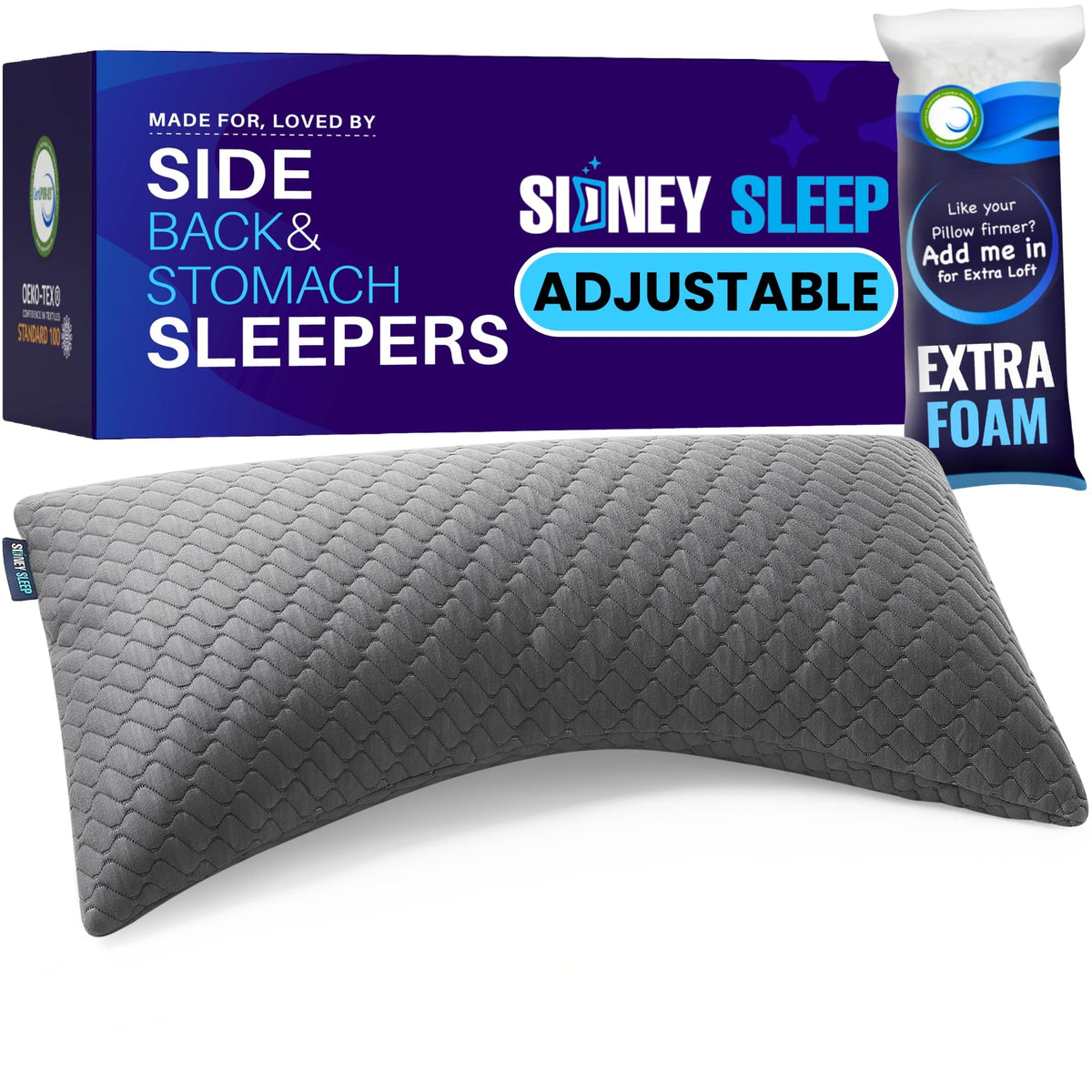Sidney Sleep Pillow in side-sleep setup with adjustable foam-fill for personalized support.