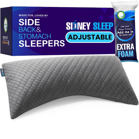 Sidney Sleep Pillow in side-sleep setup with adjustable foam-fill for personalized support.