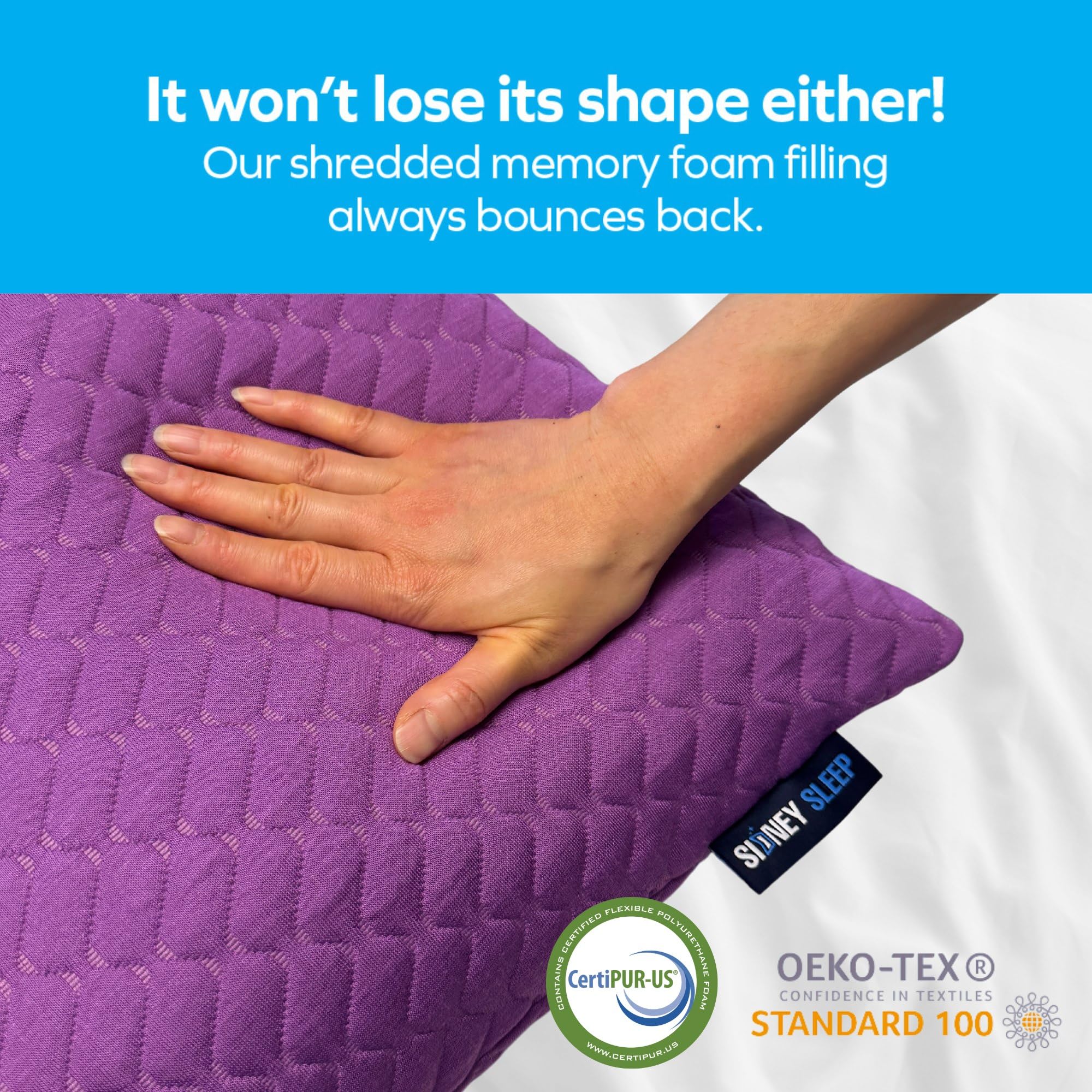 Sidney Sleep two-pack queen pillows ready for use on a bed