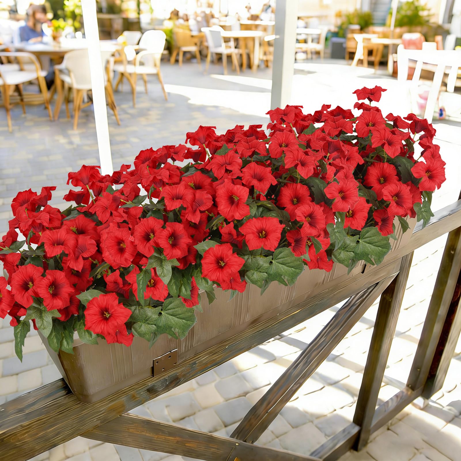 SIECCY hanging basket with red petunias for elevated charm.